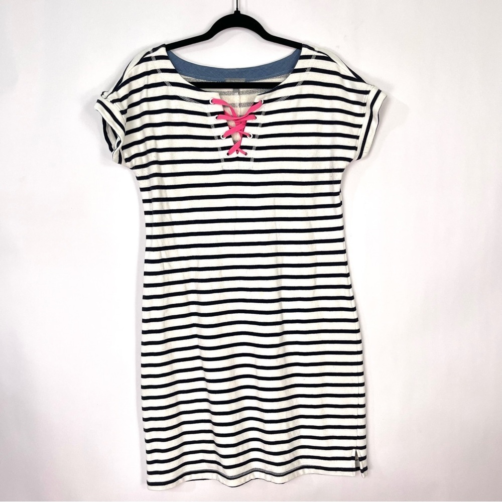 T by Talbots Terry Dress Saltwater Stripe White Navy with Pink Lace up Neck Sz M
